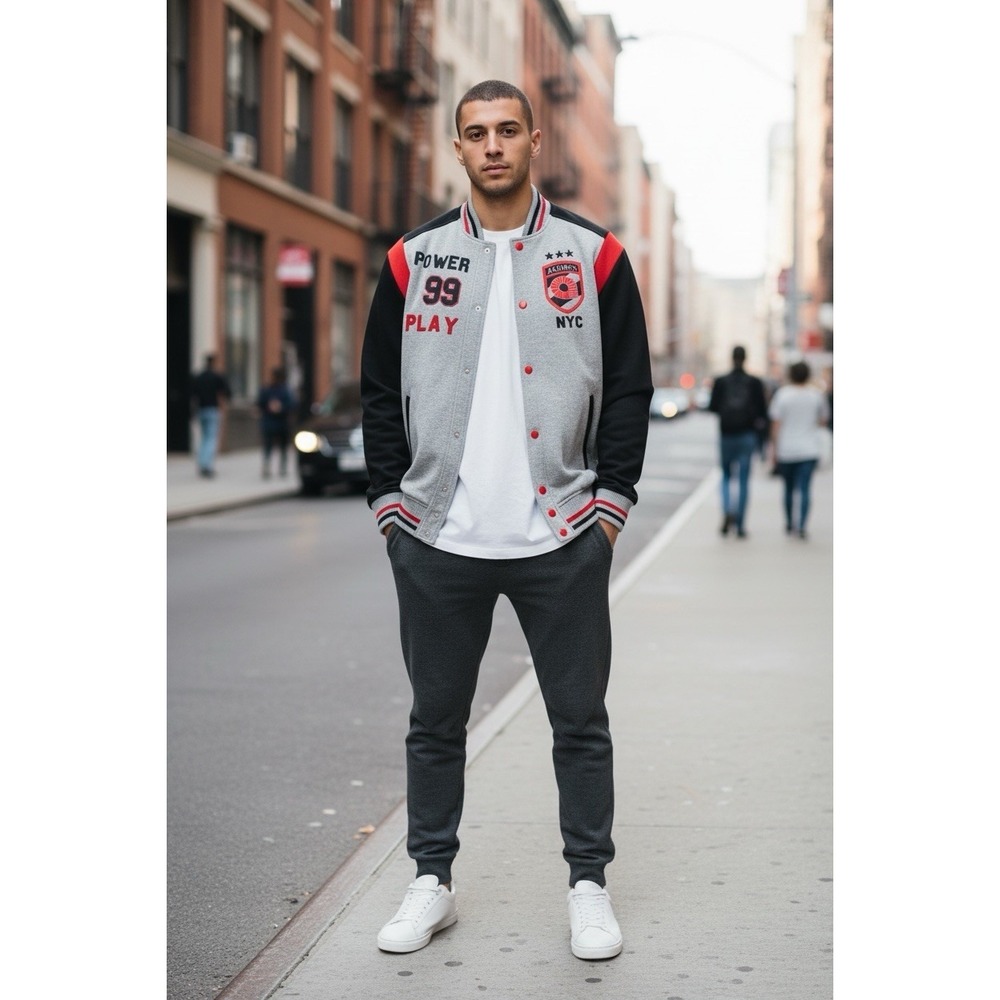 Akademiks Varsity Jacket Men's Medium Gray Black Red Snap Front NYC‎ Streetwear